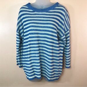 J Crew Blue White Stripe 3/4 Sleeve Linen Cotton Sweater Women M